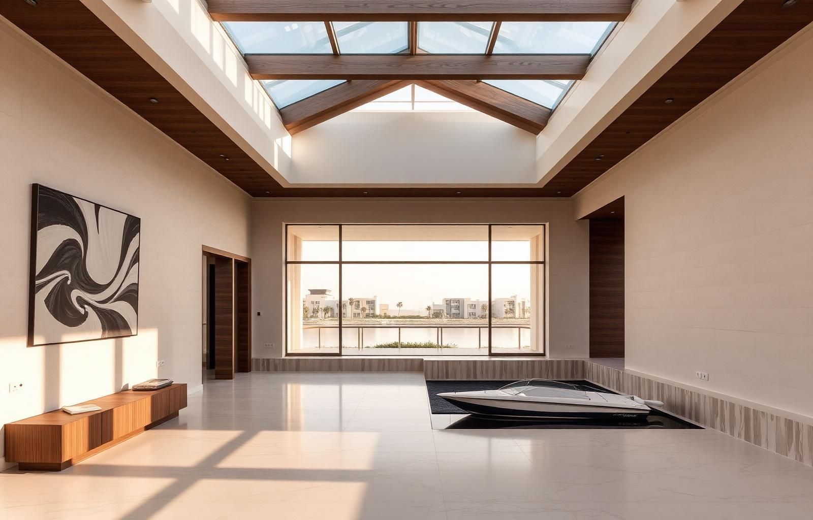 Canal House — double-height living level with skylight beams and a view to the canal mooring.