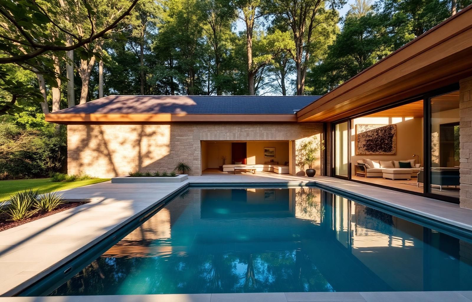 Forest Villa II — south-facing pool courtyard wrapped by mature woodland.