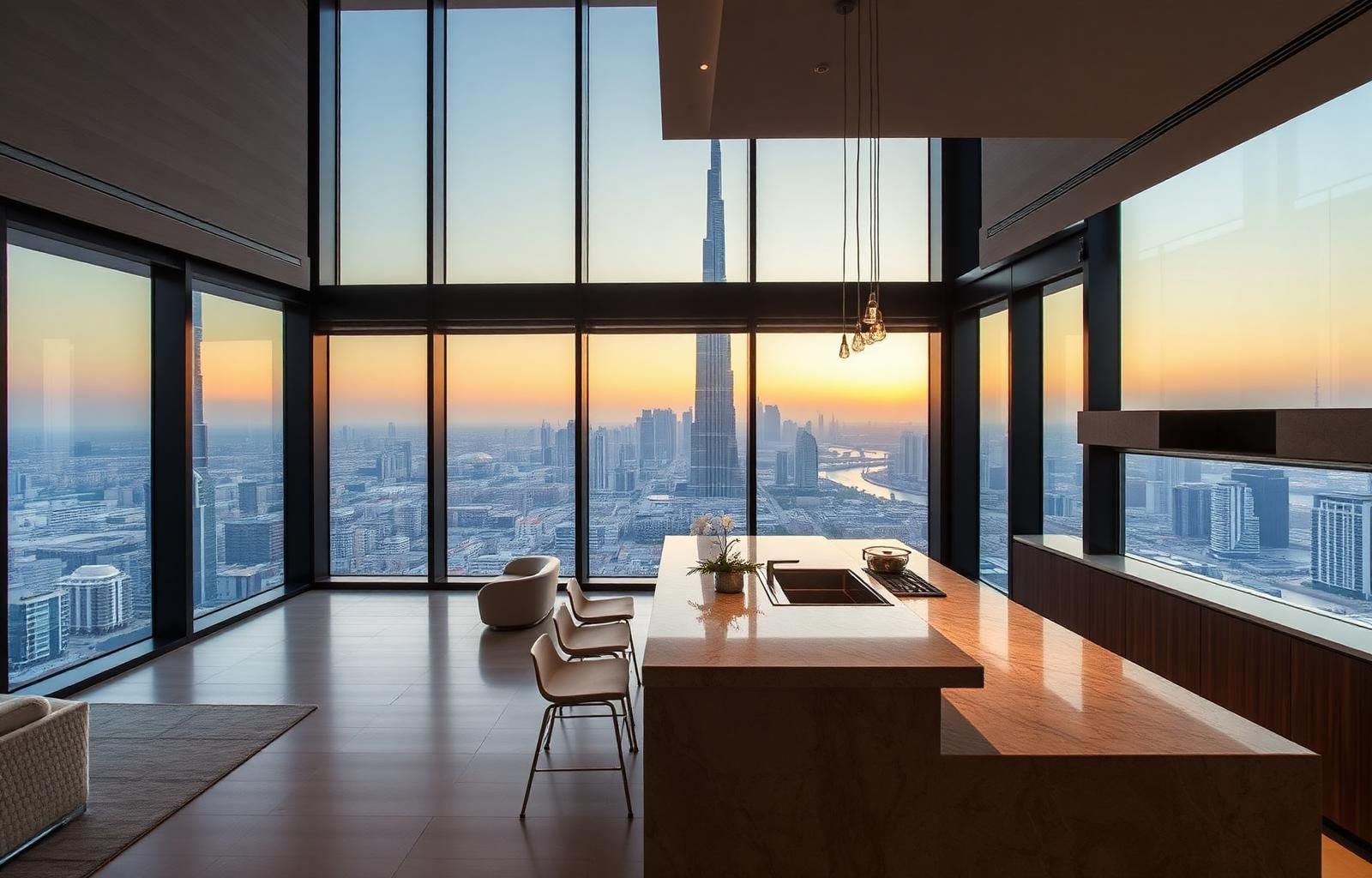 Park Avenue 14 — open kitchen and stone island with a high-floor view to the Burj at sunset.