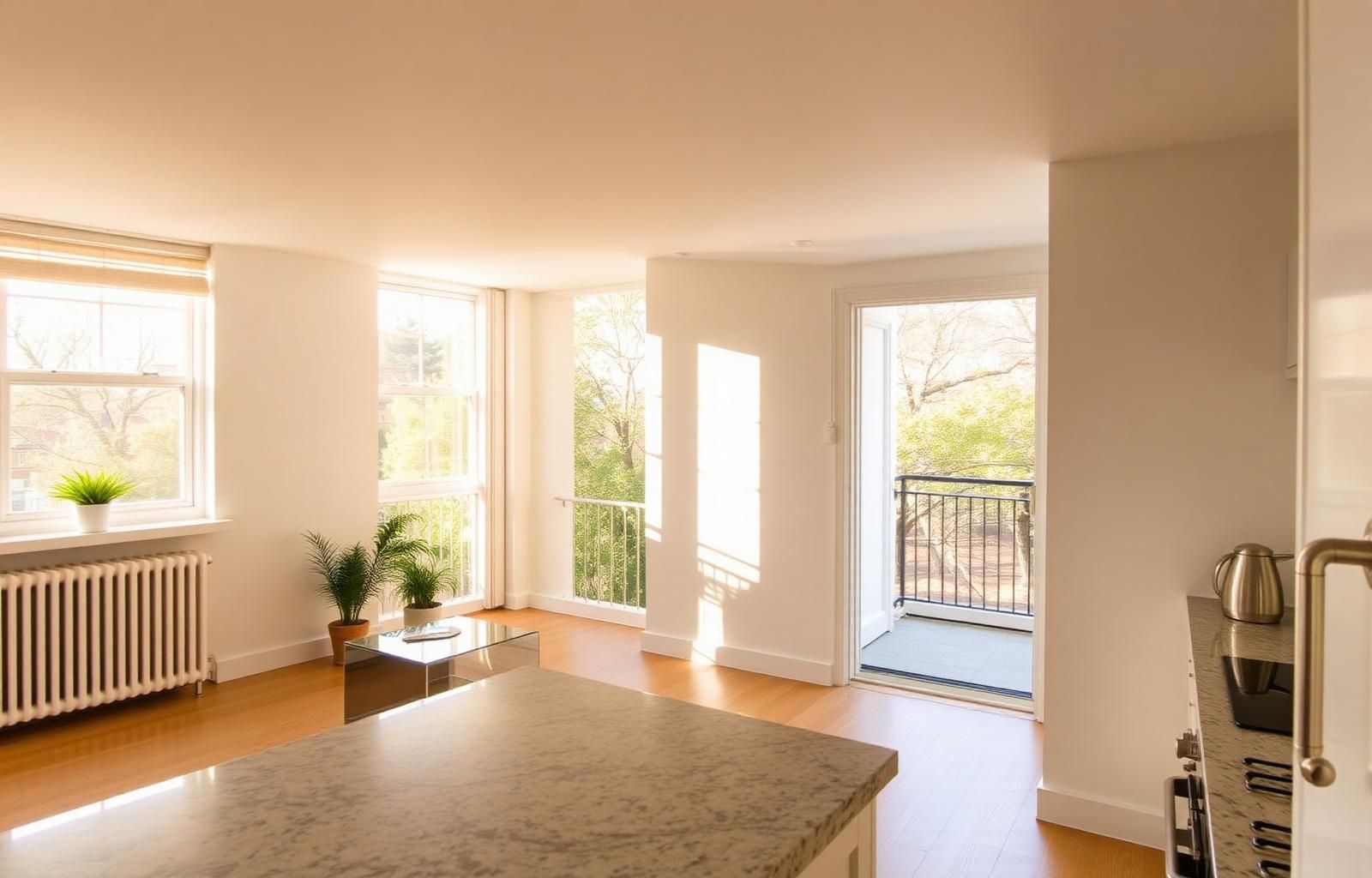 The Crest B — bright open-plan living with a balcony onto the park.
